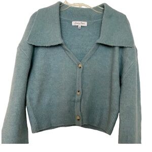Emory Park sweater, size S, cropped, light teal blue.  Button front.